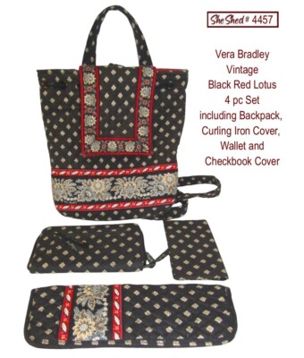 Vera Bradley Vintage Black Red Lotus Backpack, Wallet, Checkbook Cover 4 pc Set