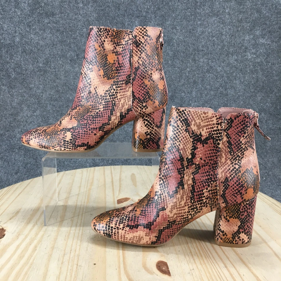 Botas antiguas azul marino para mujer 7 botines al tobillo multicolor estampado animal imitación cuero bloque Foto 2 de 4