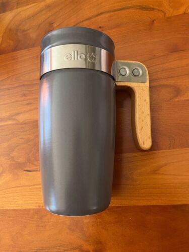 Ello Fulton Ceramic Travel Mug Wood Handle Gray Grey 16oz Brass Band - Picture 1 of 5