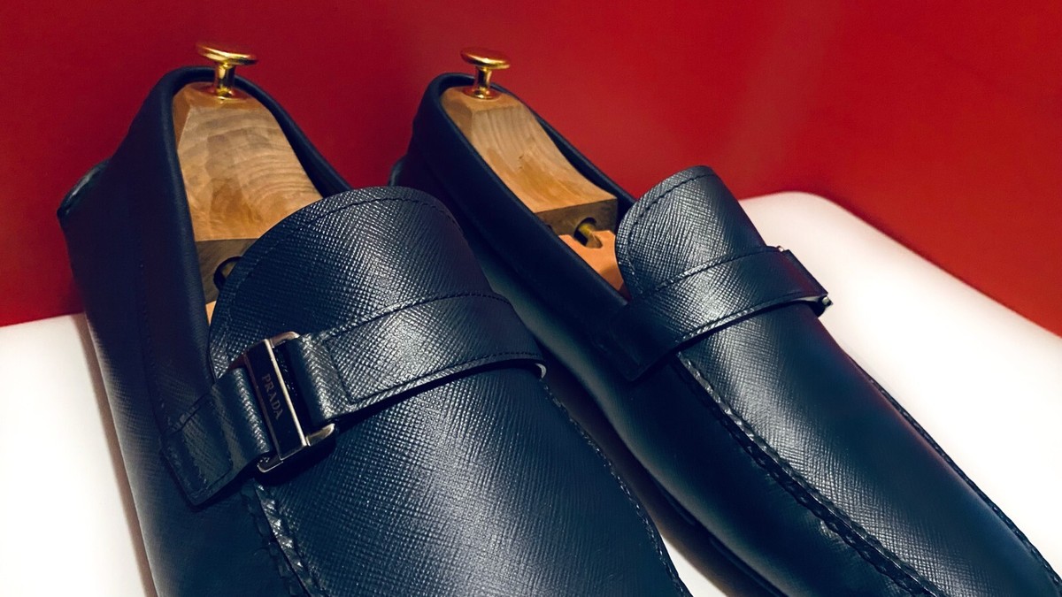 $889.00 !! PRADA MEN BLUE LEATHER BULE SIDE BITS LOAFERS SHOES