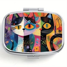 Metal Pill Tin / Trinket Box Art Deco Cats Two Section Safe Medication Storage