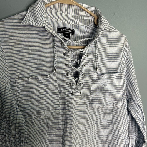 Lands End Womens Blue White Striped 100% Linen Lace Up Tunic Top Size 4 - Afbeelding 3 van 8