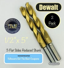2 Pack DEWALT DW1332 1/2"  x 5" Jobber Titanium Nitride Coated Drill Bit
