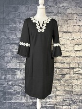 Talbots Dress Womens 8 Black Floral Applique Trim Bell Sleeve Sheath Notch Neck