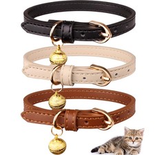 3 Pack Leather Cat Collars with Bells Soft Pet Safety Collar Kitten Collars w...