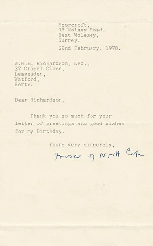 Letter Signed by Lord Fraser of North Cape GCB, KBE  WW1 Veteran Gallipoli Campa