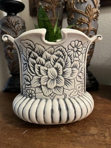 Vintage Red Wing Pottery Vase USA  #1183 Antiqued White Embossed Flowers