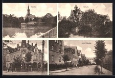 Flöha i. Sa., iglesia, escuela, oficina de correos y calle Adolf, postal