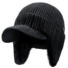 Winter Hat with Visor Warm Fleece Lined Ear Protection One Size-X-Large Black