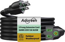 25 Ft Heavy Duty Weatherproof Outdoor Power Extension Cord, 16 AWG, 13A, Black