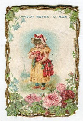 Oblaten scrap die cut chromo Litho Karte MädchenPuppe Blumenrand   10,8 cm