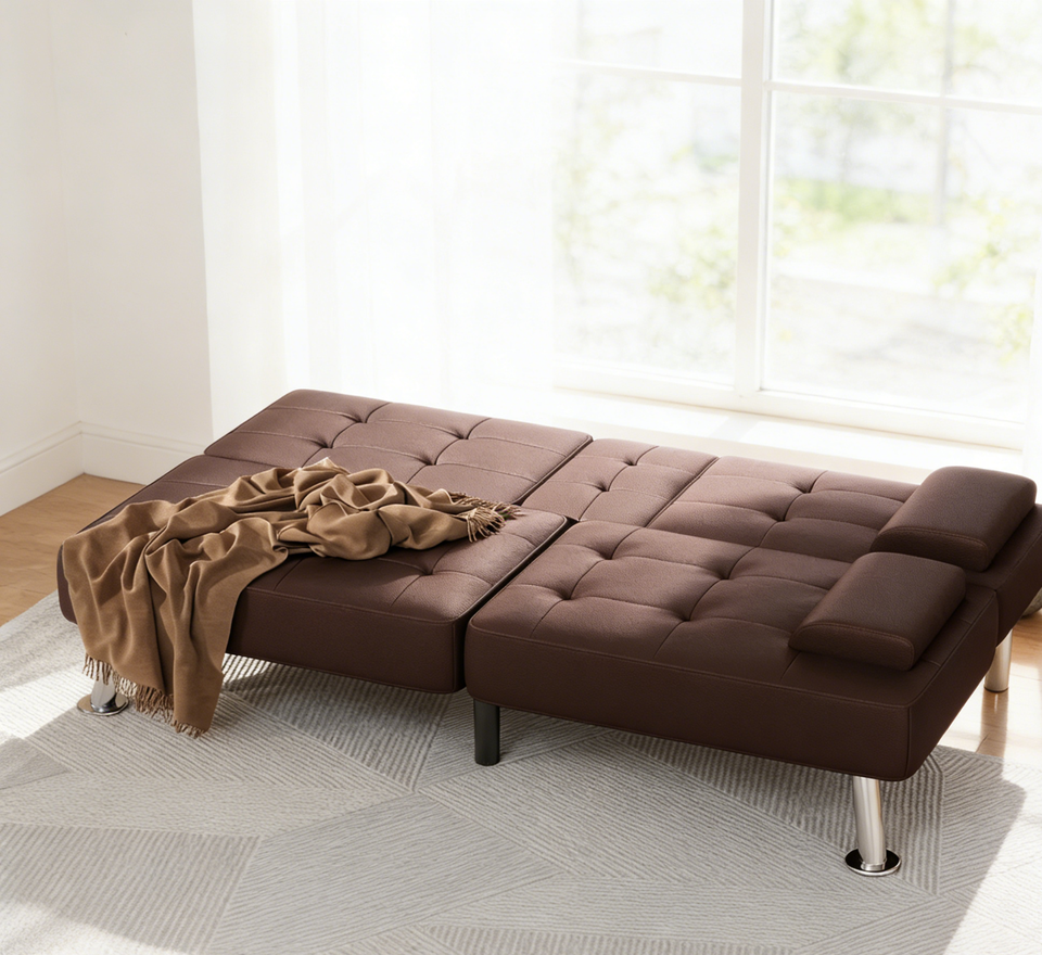 NEW Convertible Futon Sofa Bed PU Leather Sleeper Couch w/Cup Holders ...