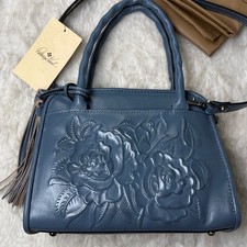 Patricia Nash Leather Burnished Rose Tooled SM Paris Satchel Crossbody Blue NEW