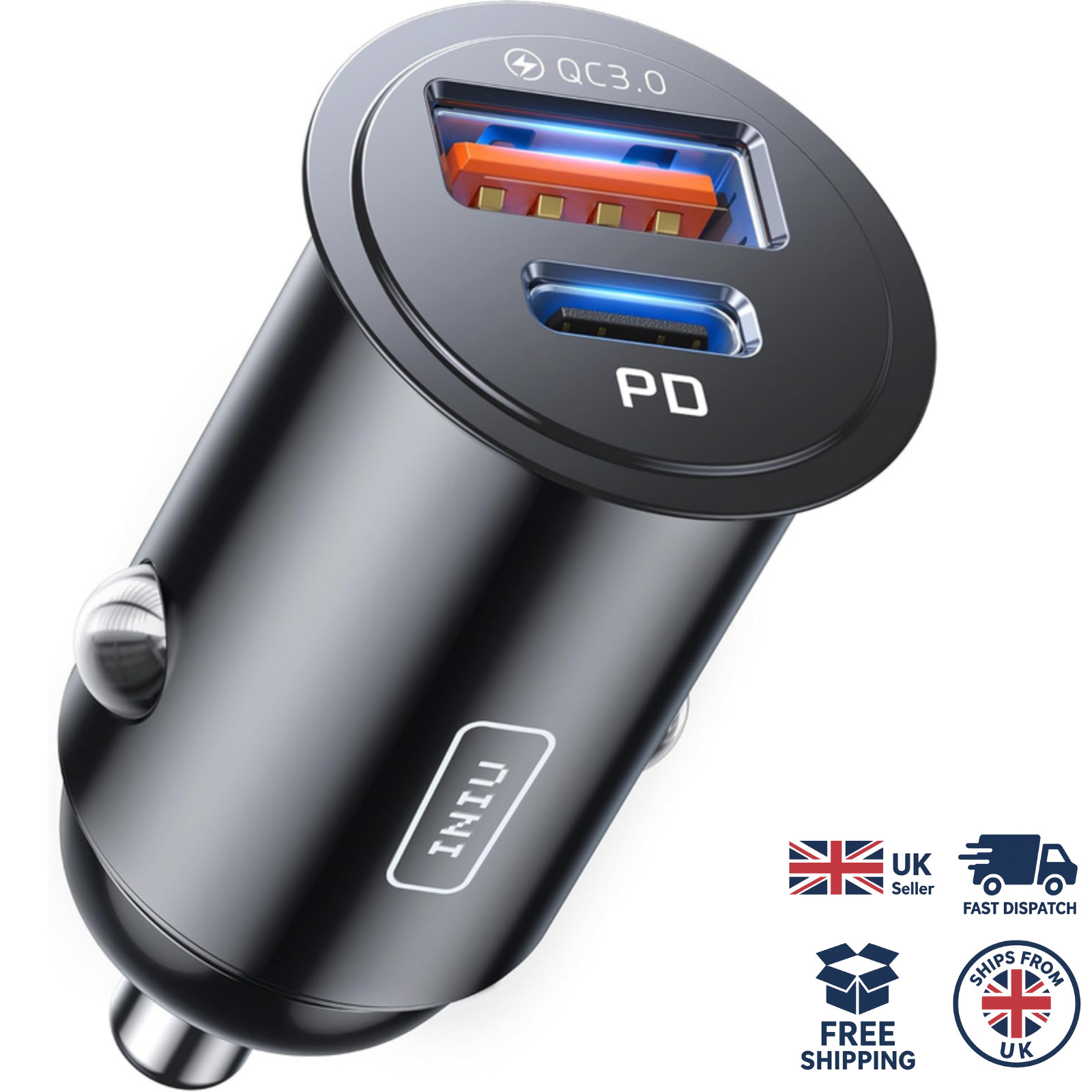 60W Fast Car Charger USB C + USB A (30W/30W) – Compact Cigarette Lighter