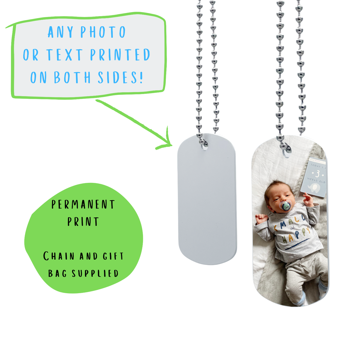 Personalised Dog Tag Necklace - Double Sided With Your Photo & Text, 76cm Adjustable Ball Chain
