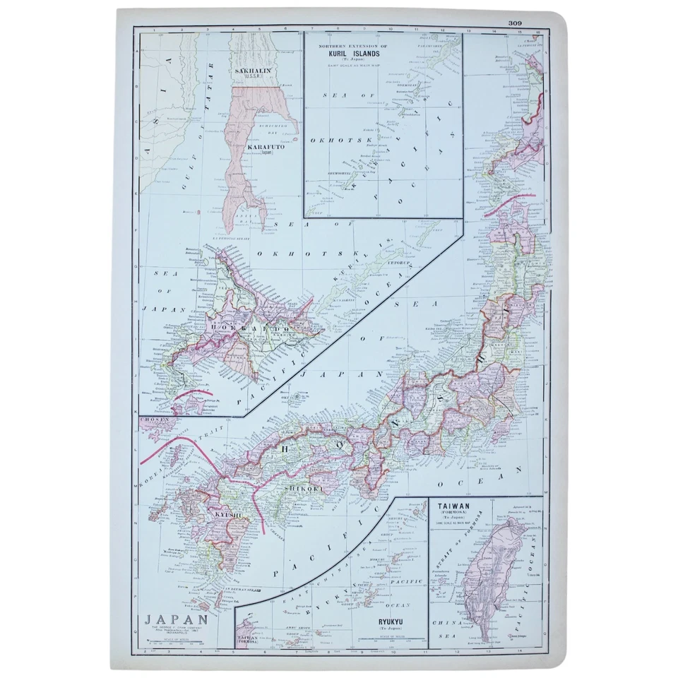 JAPAN Kuril Islands Taiwan MAP Vintage Large Antique FULL COLOR 1928 21"x14" - Image 2 of 2