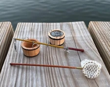 MINIATURE FISHING KIT - FISHING ROD, FISH NET AND TWO FISH TUBS, ONE WITH FISH!