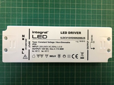 Integral LED 50Watt Constant Voltage LED Driver, 200-240VAC to 12VDC, Non-Dimm