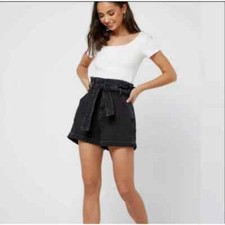 TOPSHOP MOM HIGH WAISTED PAPER BAG BLACK DENIM JEAN 100 COTTON SHORTS SIZE 12