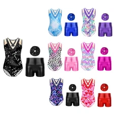 Kids Girls Biketard Patchwork Leotard And Hair Band Print Jumpsuit With Shorts
