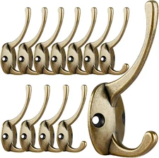 12 Pack Antique Brass Coat Hooks Wall Mounted with 24 Screws Retro Double Hoo...