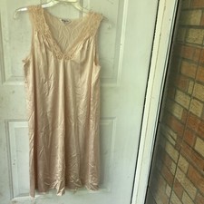 Vtg Vanity Fair Nightgown Small Sleeveless Nylon Lace Plunge Neck USA Beige Nude