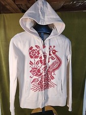 Vintage Lucky Brand Hoodie Womens Sz L Zip Front Peacock Cross Stitch White