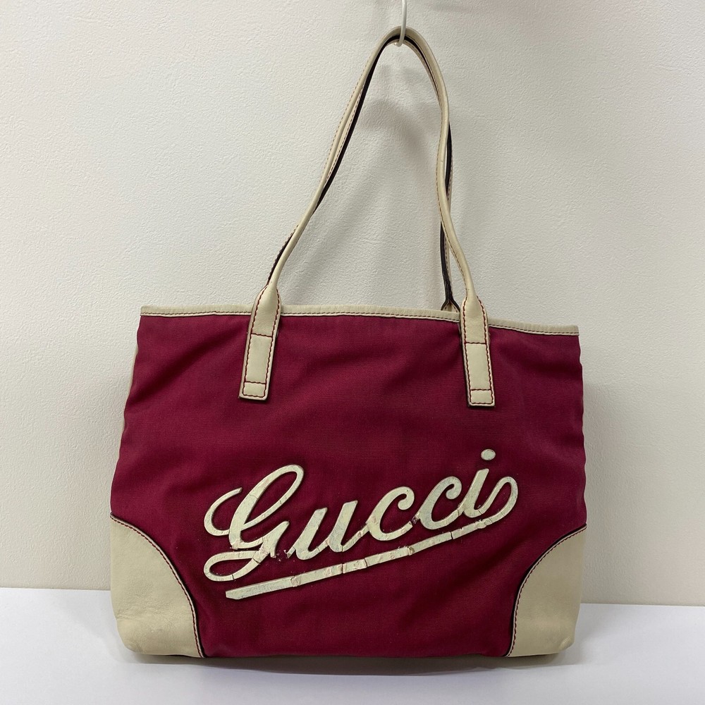 Auth Gucci Handbag Tote Bag Logo Red Beige 170007 Nylon From Japan 241021