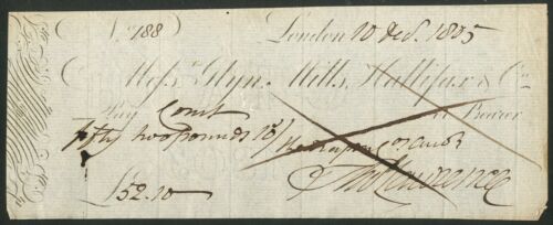 Los señores Glyn, Mills, Hallifax & Co., Londres, cheque usado, 1805 - Imagen 1 de 1