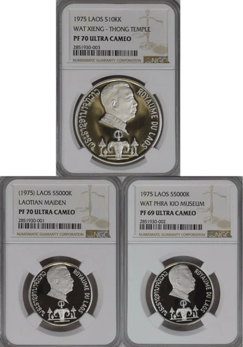 LAOS , COMPETE SILVER SET 2X5000 + 10000 KIP 1975 NGC PF 69,70&70 UC , RAREK