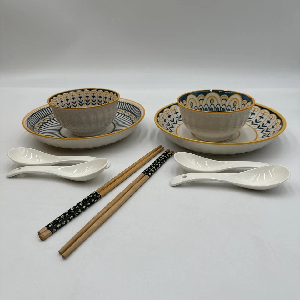 Set Of 12 Ceramic Dinner Set/Tableware NEW Without Box Blue And Yellow - Image 2 of 4