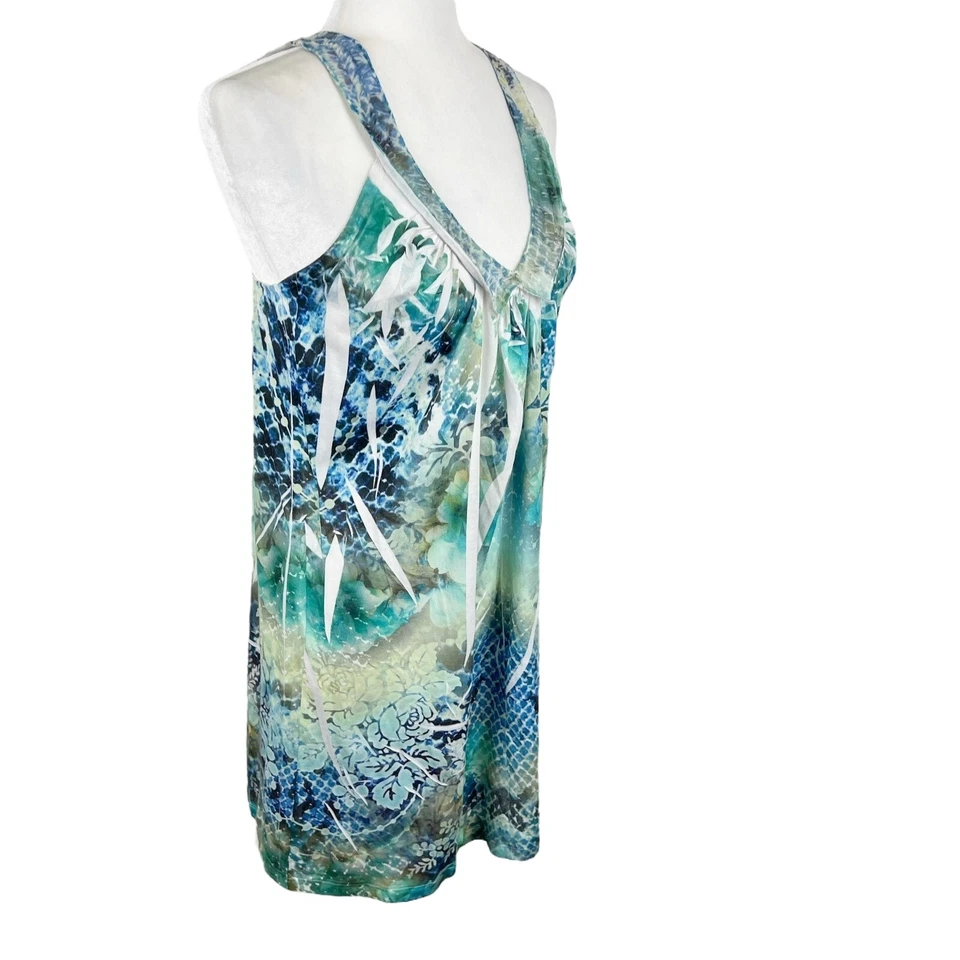 One World Sleep and Let Sleep Dress Women Small Blue Green Floral Tank V-Neck - Image 4 of 4