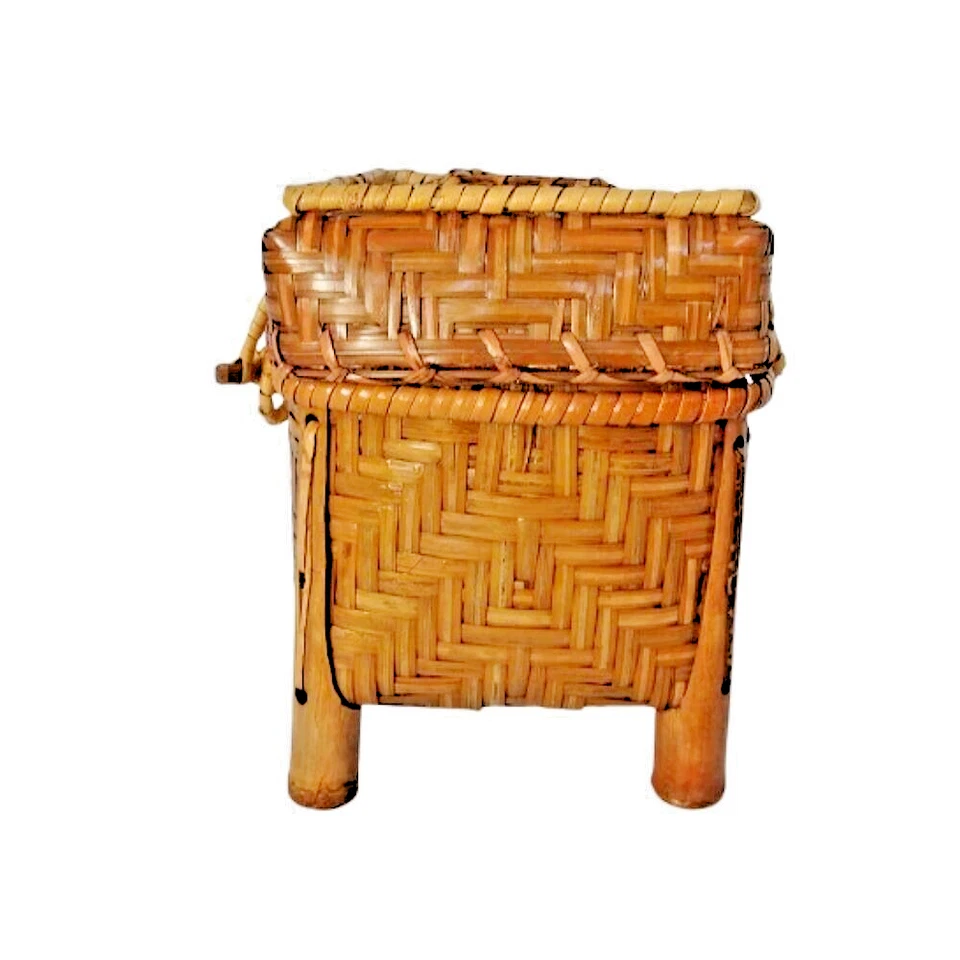 Caja de rollos de pañuelos hecha a mano teñida piel de bambú tiene patas forradas y tela en el interior x 1 pieza. Foto 3 de 4