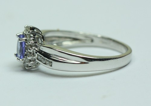 9ct Oro Blanco Natural Tanzanita y Diamante Tamaño L Británico Hecho GB Anillo - Imagen 7 de 10