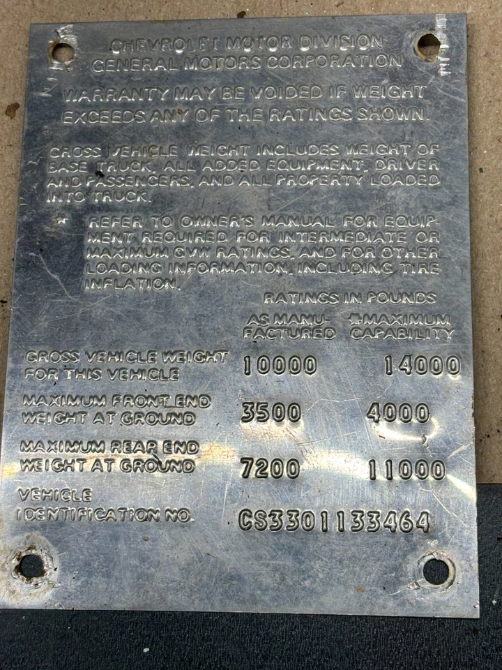 1967 1972 Chevrolet Gmc TRUCK K10 K30 K5 DATA PLATE TAG - Image 2 of 2