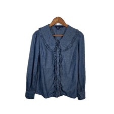 Boden Blouse Womens Size UK 10 Blue Denim Oversized ruffle collar Cottagecore