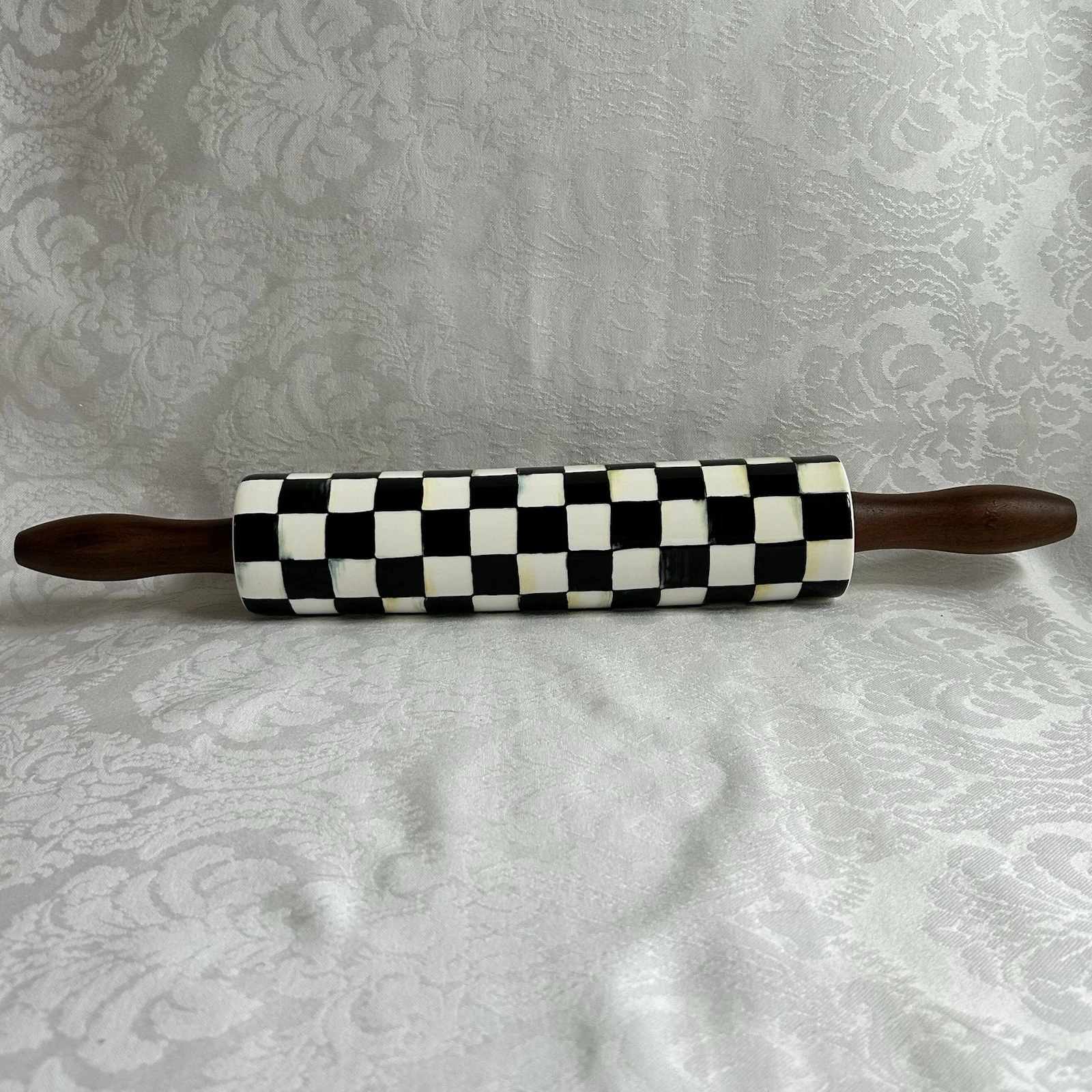 Mackenzie Childs COURTLY CHECK Ceramic & Wood Handle ROLLING PIN NEW m26-5