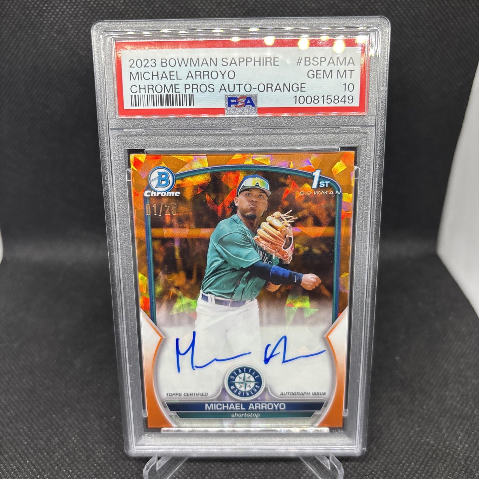 2023 Bowman Chrome Sapphire Michael Arroyo 1st Orange Auto 01/25 PSA 10 Mariners
