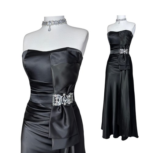 Vintage Black Satin Maxi Gown: Y2K, Old Hollywood, Rhinestone Detail, Strapless