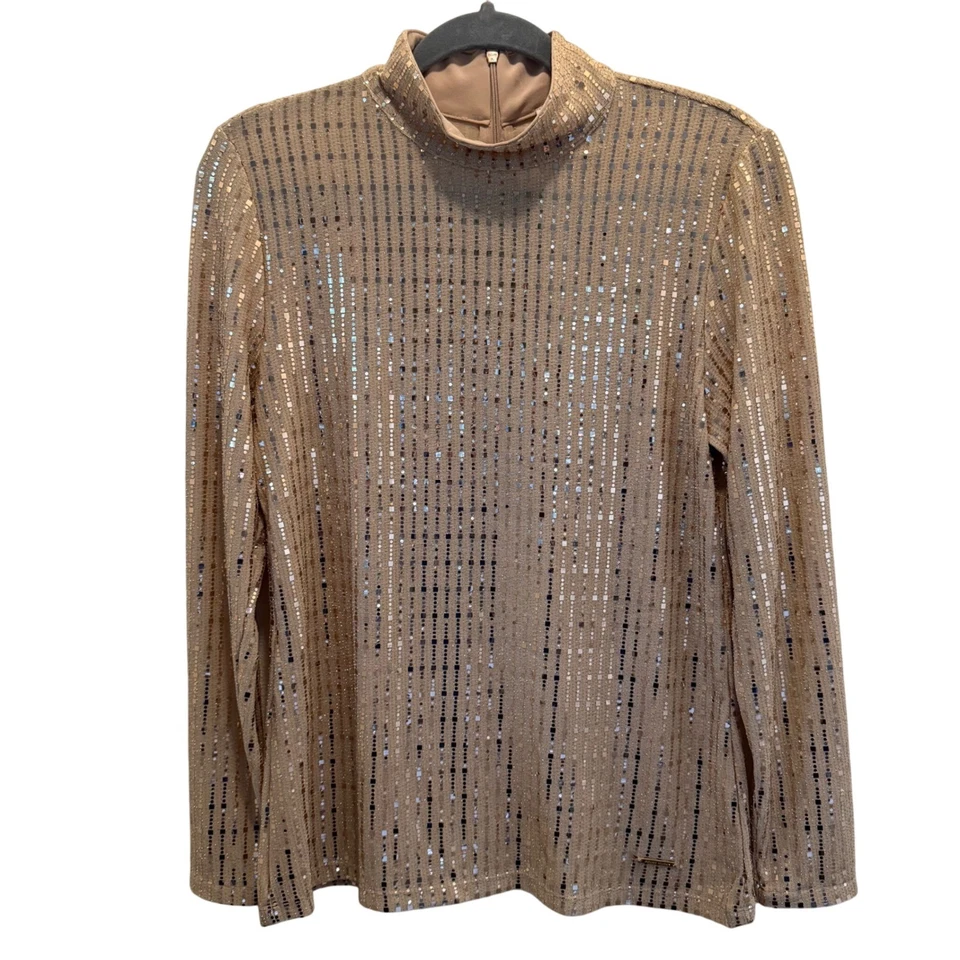 Anne Klein Sequin Mock Neck Top Gold Metallic Long Sleeve Stretch Blouse Size S - Image 2 of 4
