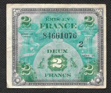 1944 - 2 Francs Allied Military Currency Circulated Banknote - France Off Center