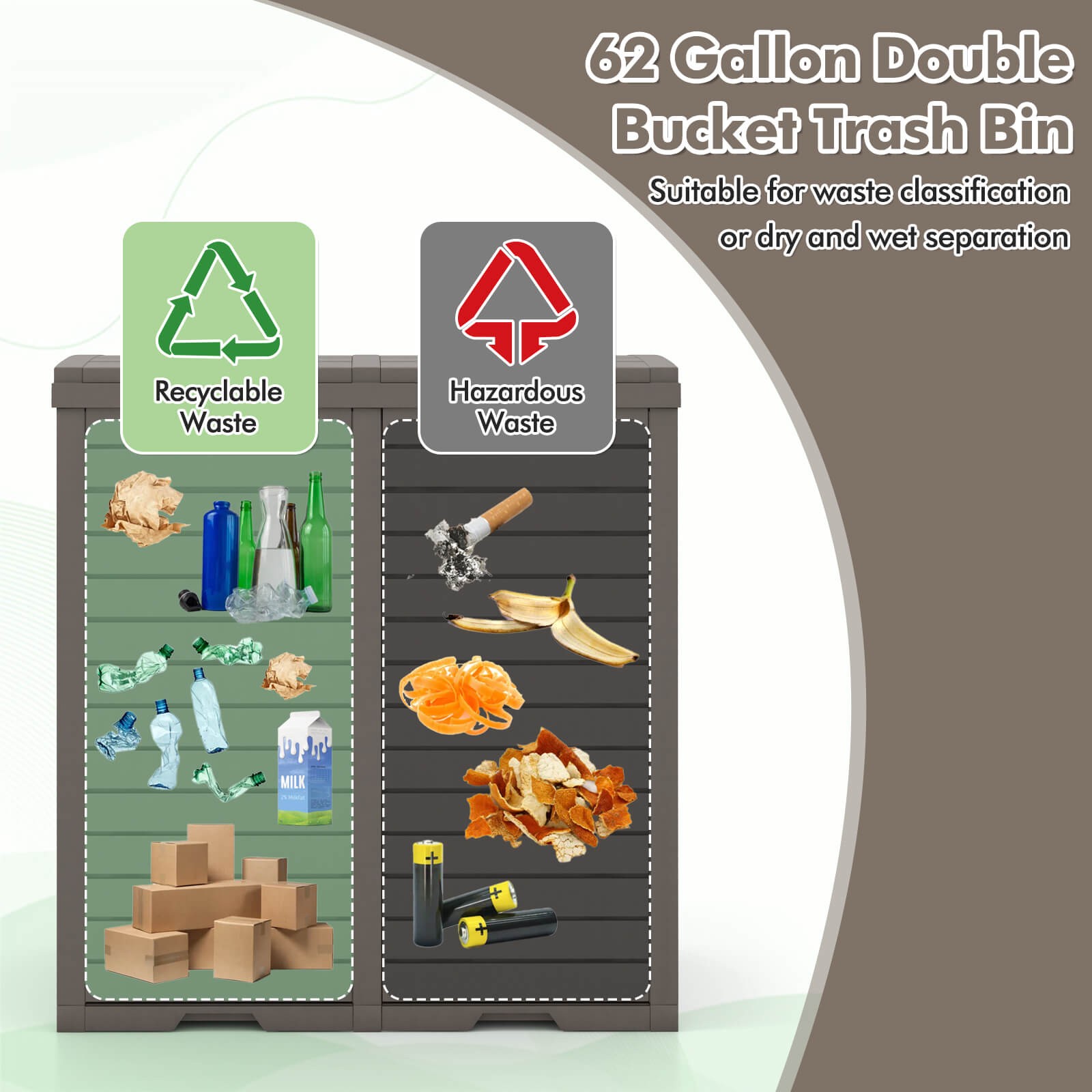 62 Gallon Outdoor Trash Can w/ Tiered Lid Drip Tray Cut-out Handle  for Garden