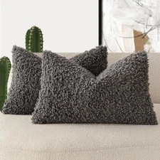 Set of 2 Roll Teddy Wool Pillow Covers, Decorative, Dark Grey