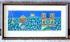 MCM Paris Landmarks Mixed Media Art paint and newsprint on fabric frame=13 x 24