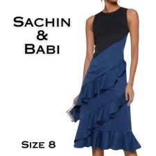 Sachin Babi Sheath Midi Dress Small Blue Black Tiered Ruffled Sleeveless Party