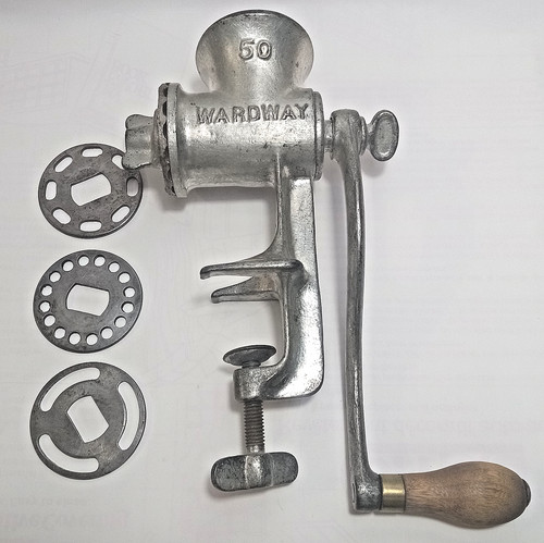 VTG Wardway No. 50 Meat Grinder Montgomery Ward Wood Handle Plates COMPLETE
