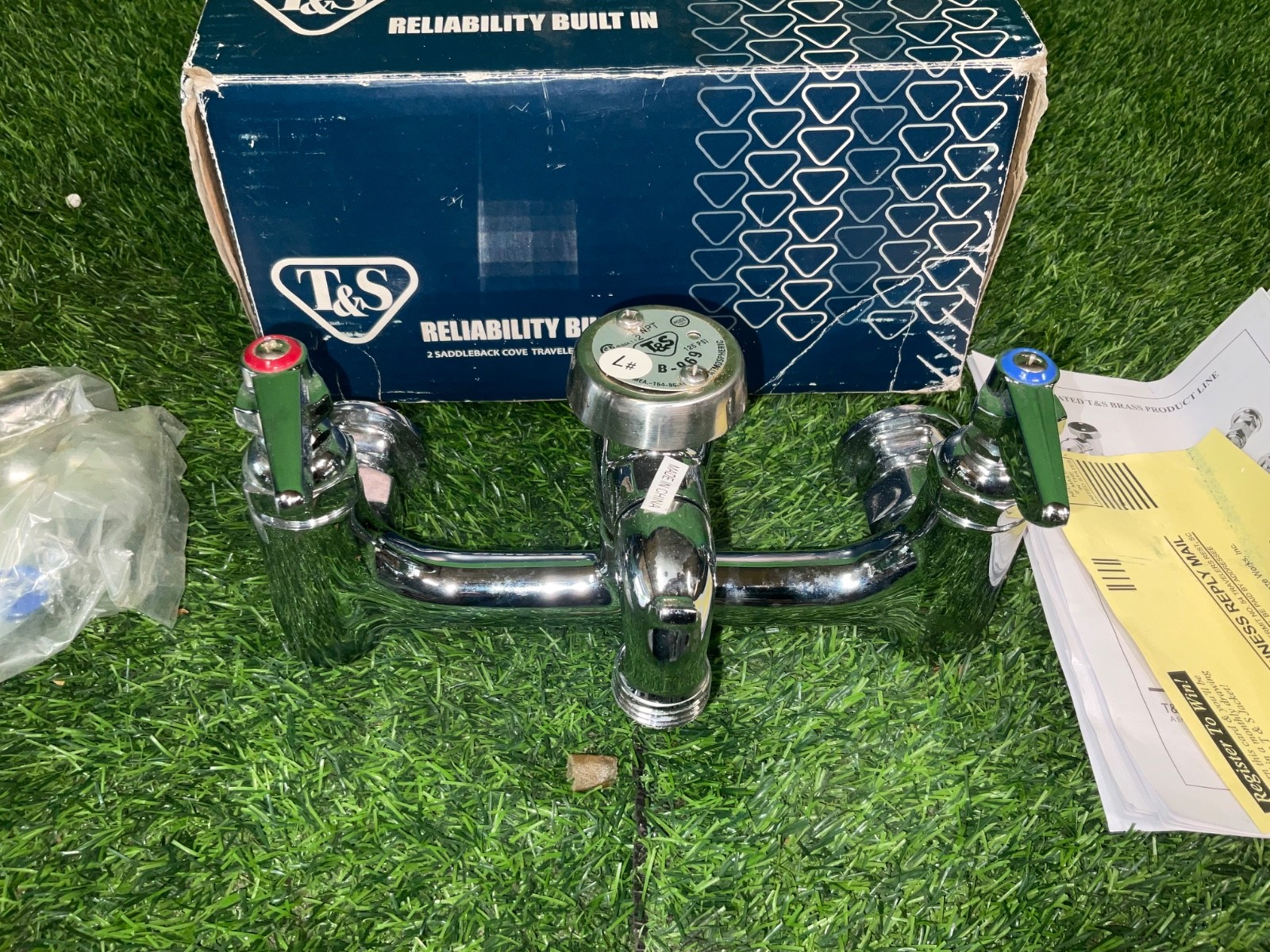 T&S B-0674-BSTP Sink Faucet, Wall Mount, 8" Centers, Vac. Breaker, Pol. 1484 3E