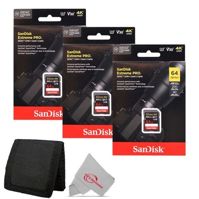 3x Sandisk 64GB Extreme PRO SDXC UHS-I Memory Card + Card Wallet