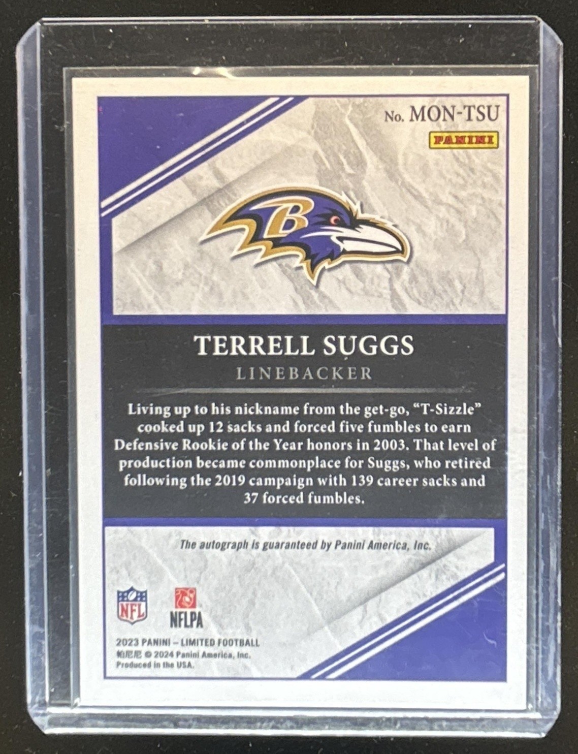 2025 National Treasures Terrell Suggs 2023 Limited Monikers Gold Auto #/49 #2 view 2