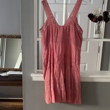 Pink Cotton Lace Tiered Boho Sundress Short Sleeveless V-Neck Pullover